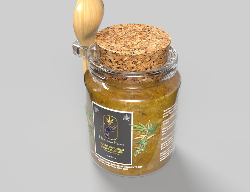 Hemp Infused Herbal Body Scrub | Signature Scent | Sea Salt | Organic Cane Sugar Luxury Glass Jar w/Spoon